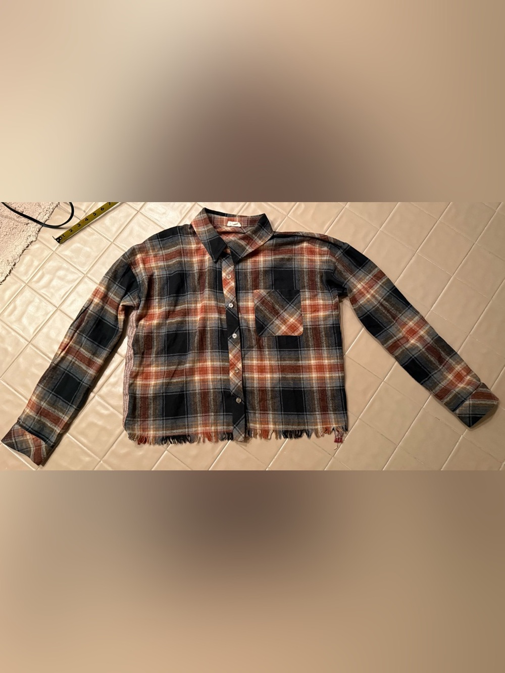 Hem & Thread rust black Large L Plaid Flannel Shirt Raw Hem Button Down Shacket